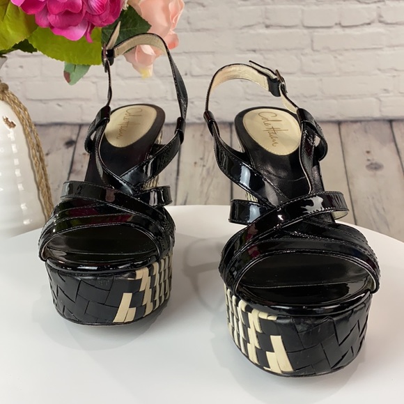 COLE HANN Black Patent Leather w/Cream/Off-White Leather Weave Wedges - Picture 3 of 17